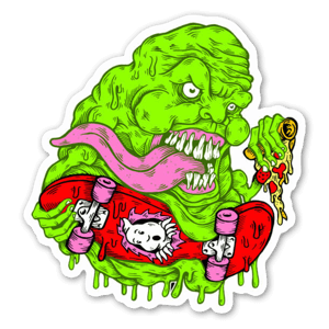 Slimer sticker with a skateboard; yes, without leaving the pizza aside.