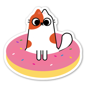 A cute cat sitting in a pink donut. 