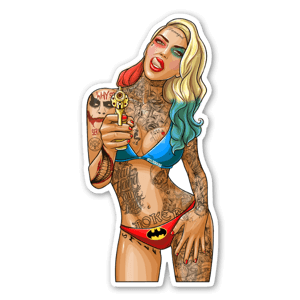 custom illustration of harley quinn at the beach