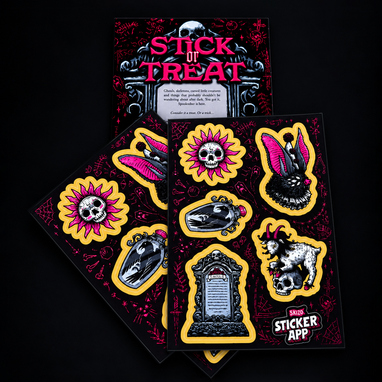 Sticker sheets lying on a dark background, with carnival-themed cartoons of bottles, tombs and a goat.