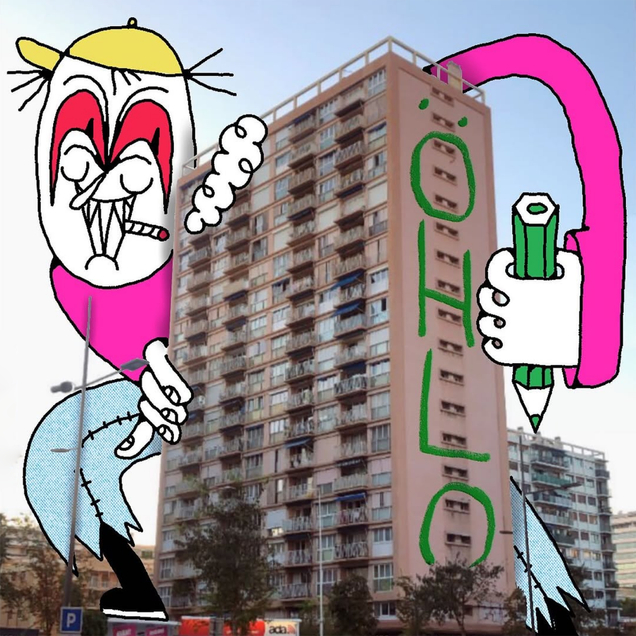 Quirky colorful character holding a pen and hugging a residental building with the text "ÖHLO" doodled on the side.