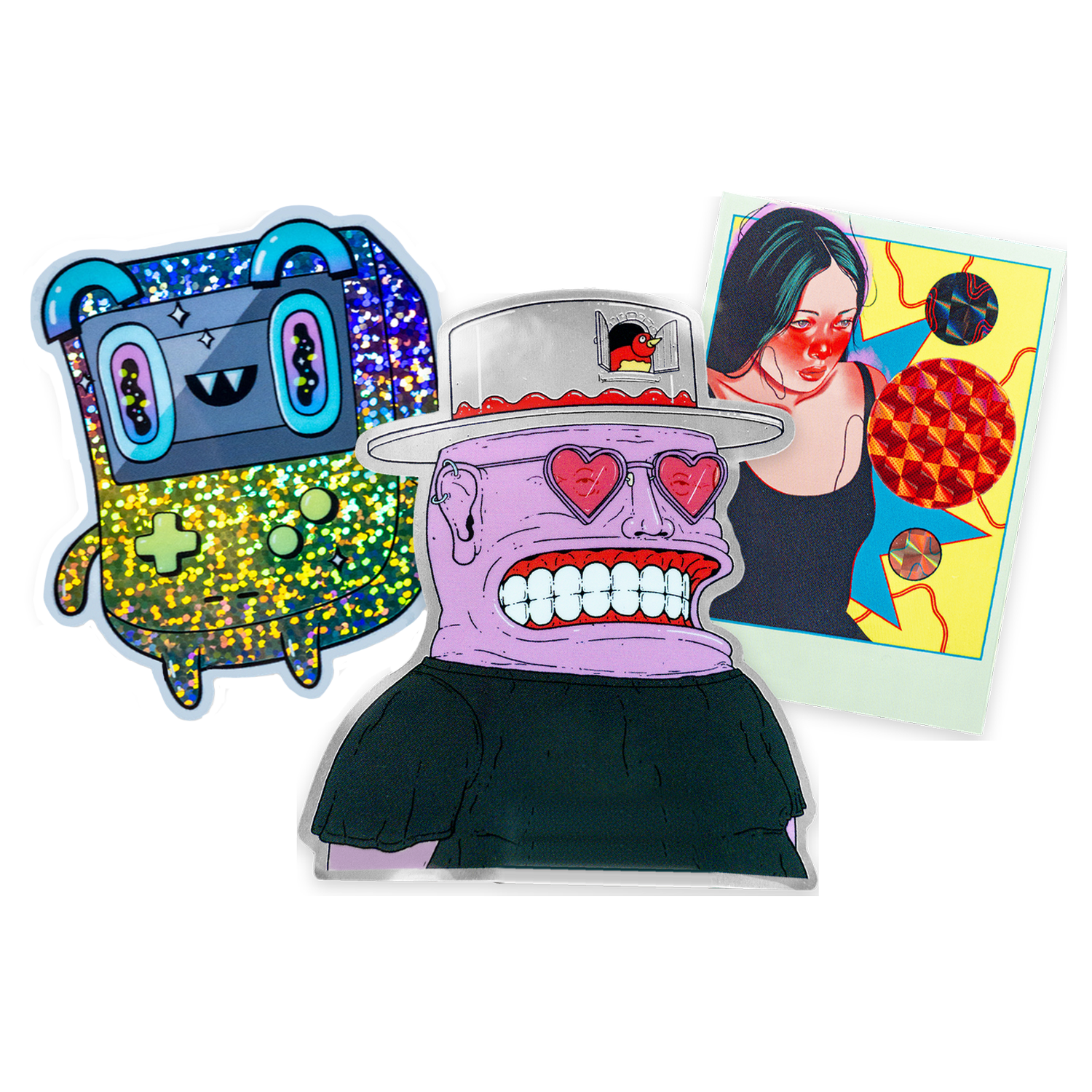 Glitter, mirror and prismatic custom stickers: a game console character, a grinning man in heart-shaped sunglasses and a portrait of a woman with teal hair