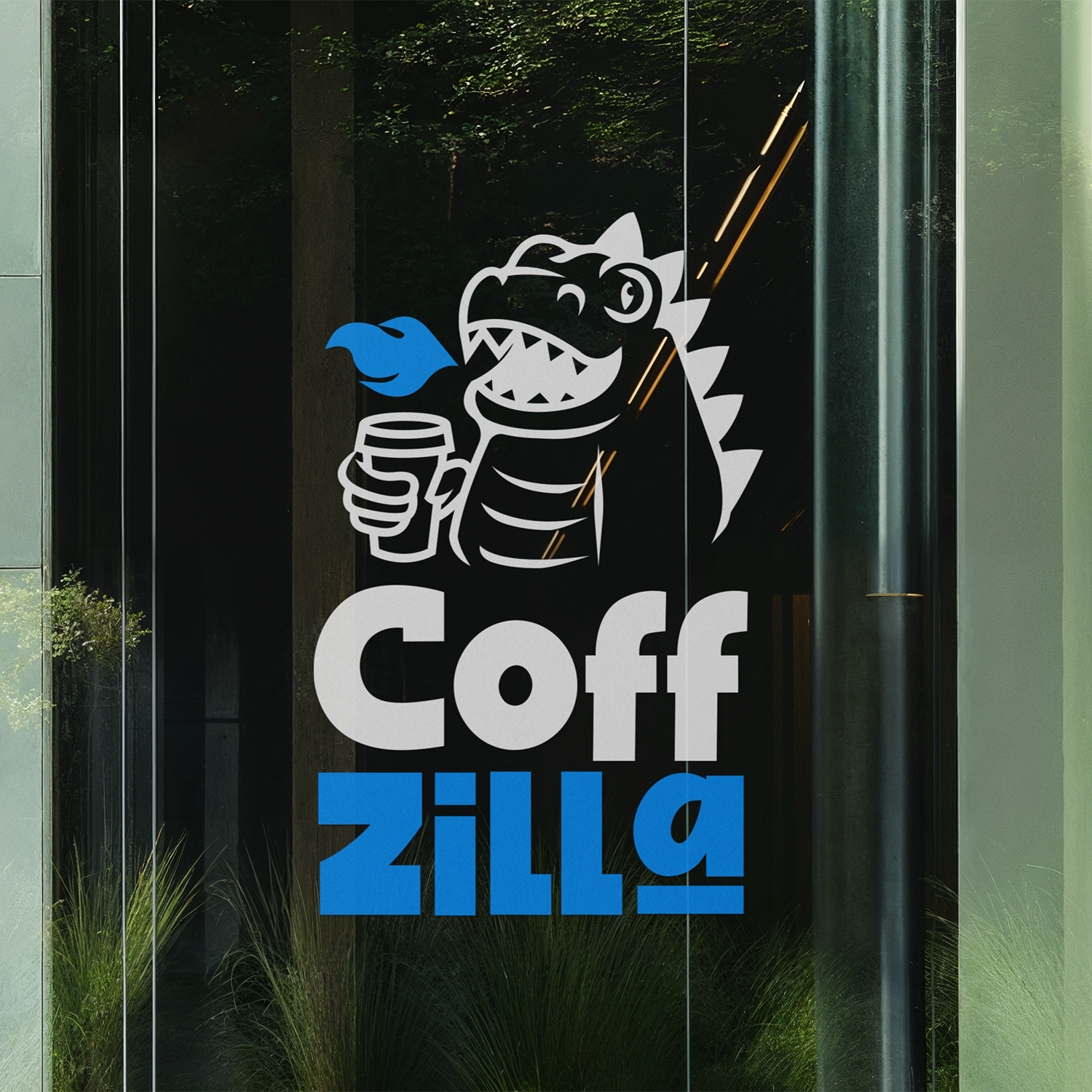 Vinyl transfer of "CoffZilla" featuring a cartoon dragon holding a coffee cup, with stylized blue and white text on a glass surface.