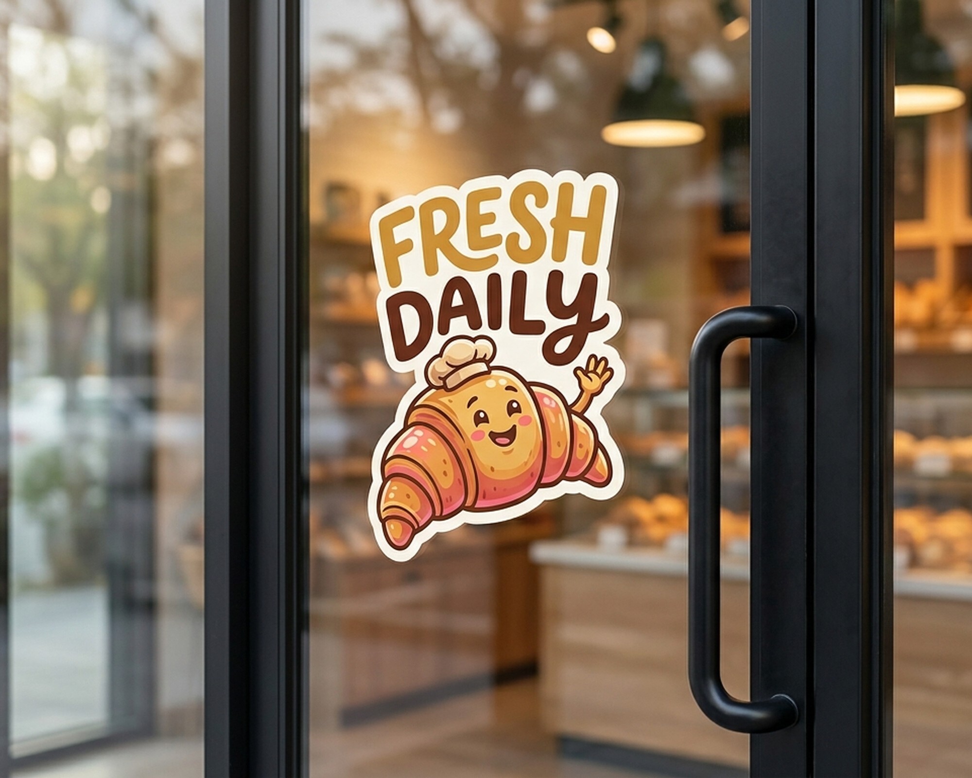 Die-cut custom decal with a smiling croissant and "Fresh Daily" text on a bakery's glass door