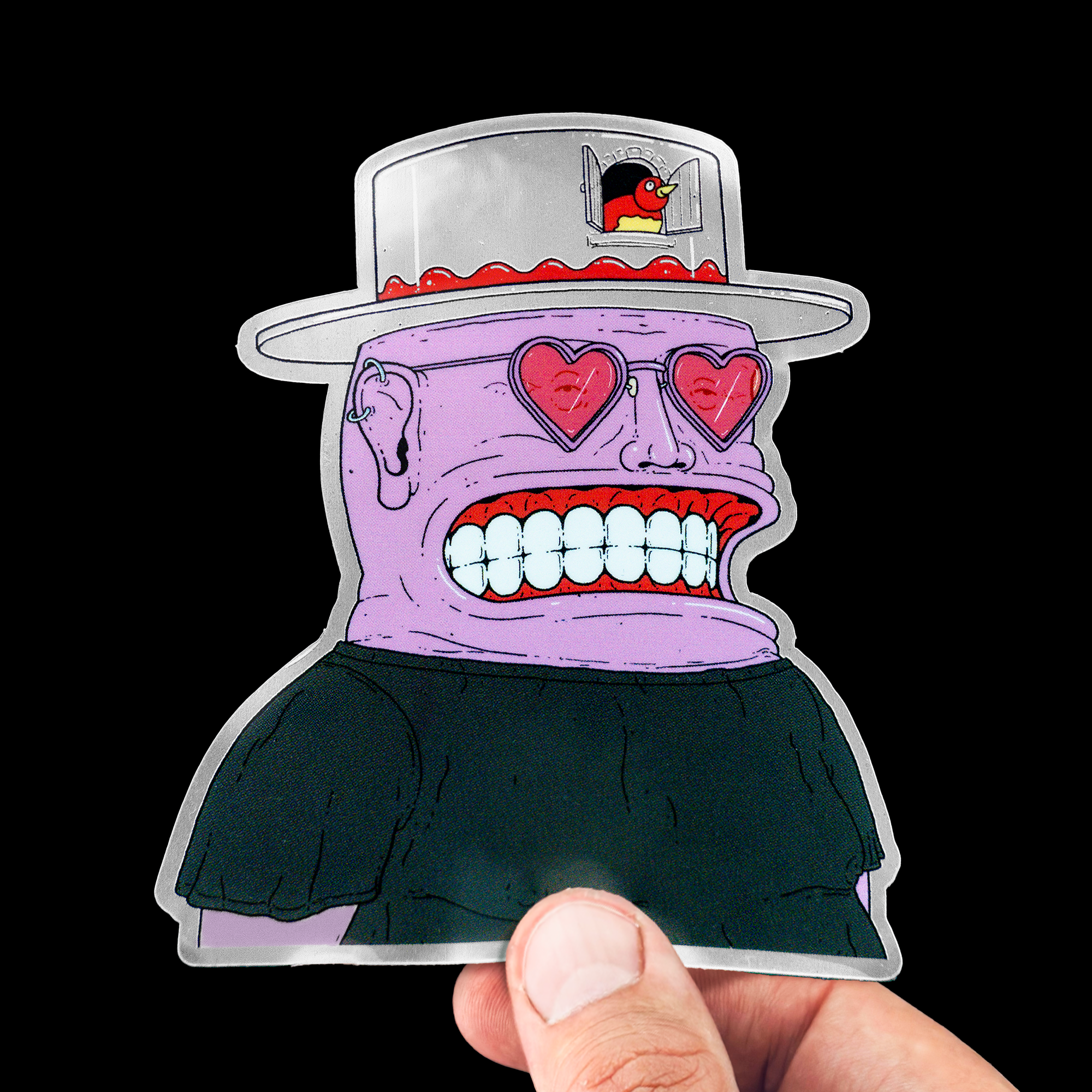 Mirror Sticker of a cartoon character with a purple face, heart-shaped glasses, and a white hat with a bird.