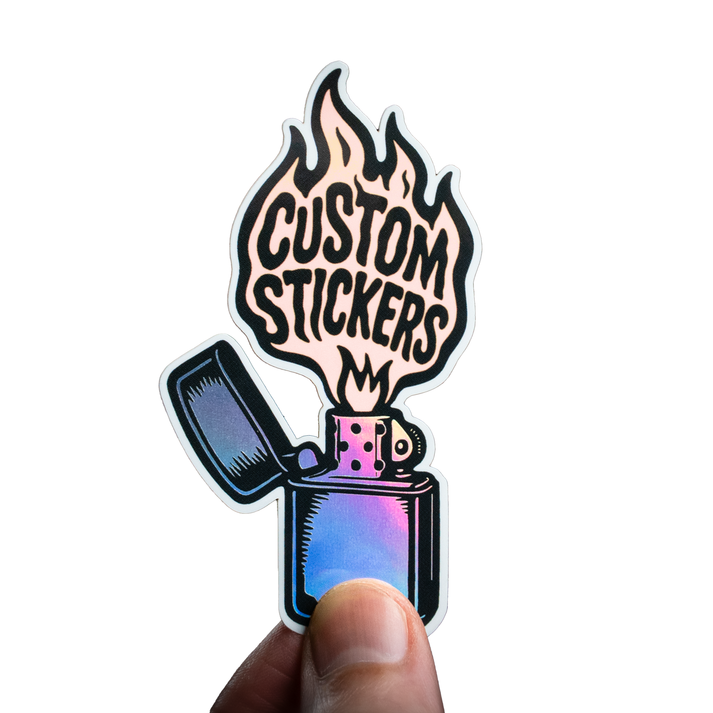 Hand holding a holographic sticker of a lighter with flames spelling "Custom Stickers".