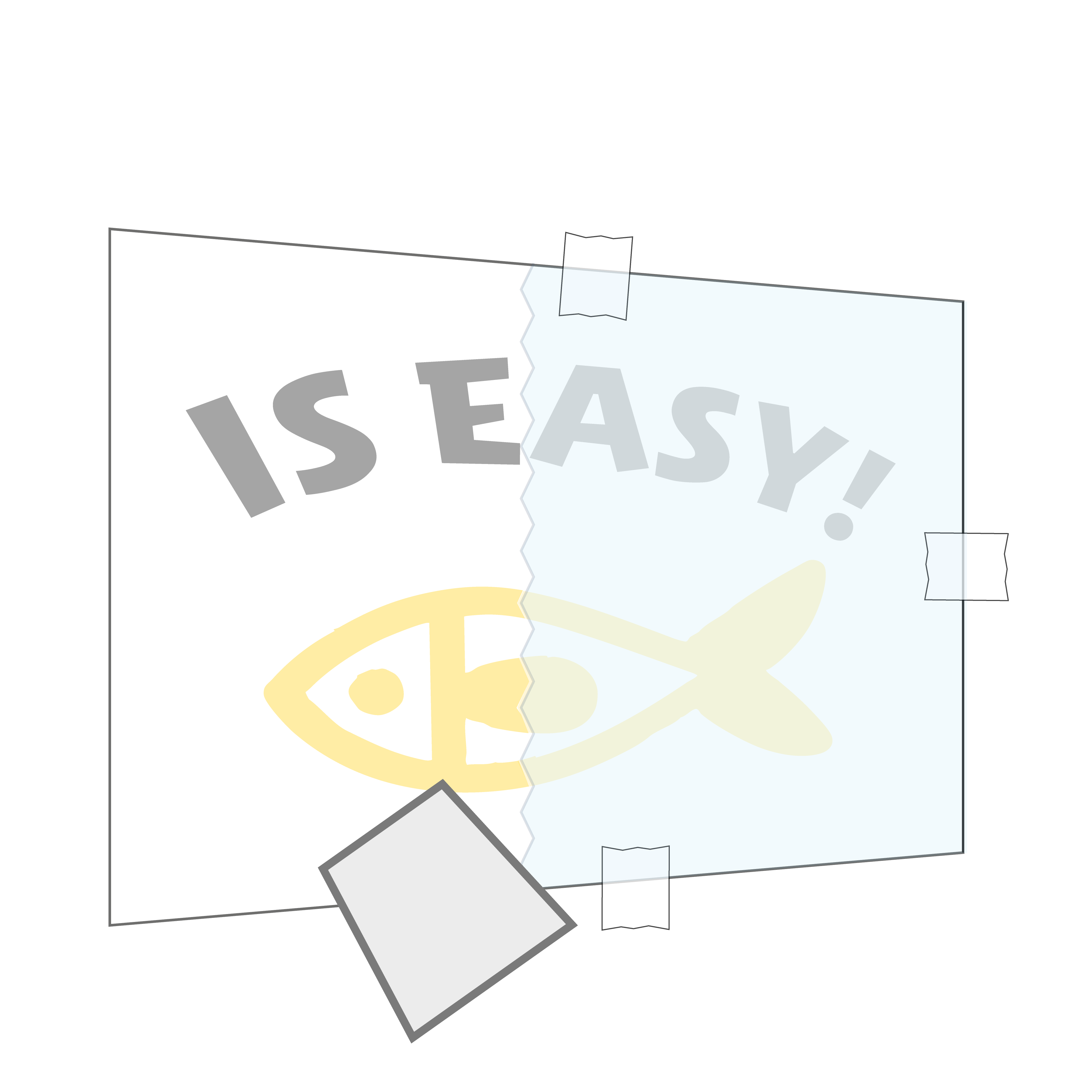 A vinyl transfer graphic. A yellow fish with the word "EASY!" in blue, accompanied by various geometric shapes and tape, on a split black and blue background.