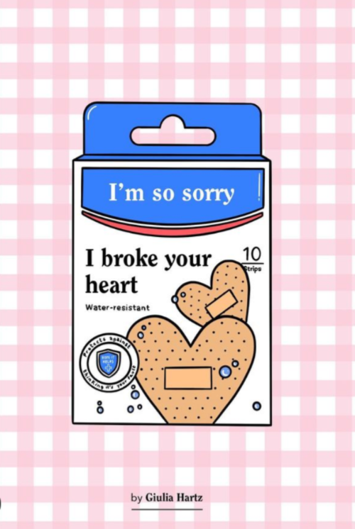 Playful illustration of patches pack saying 'I'm sorry I broke your heart'.