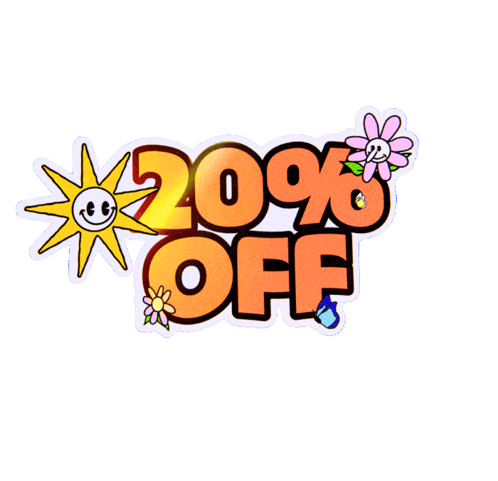 "20% OFF" graphic with a sun and flowers