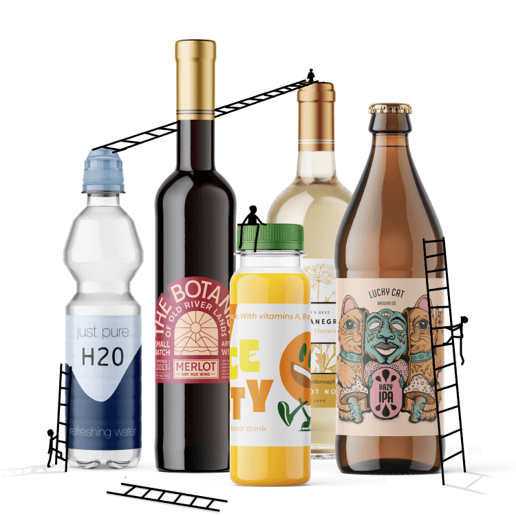 Different types of bottles with printed custom labels.