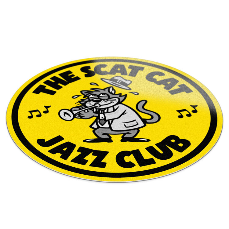 A yellow floor sticker with a cat playing the trumpet